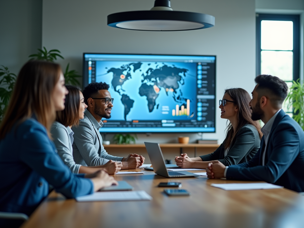 Diverse team in a business meeting with a global data display screen in the background.