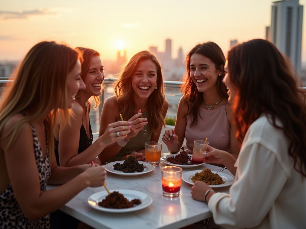 Group of happy women enjoying a meal and cocktails outdoors at sunset.