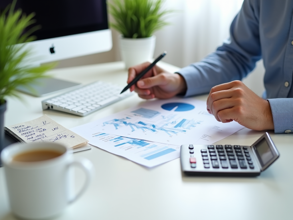 Person analyzing financial charts with calculator, pen, and computer on desk.