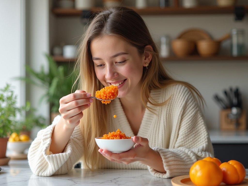 Young woman smiling and eating orange caviar at a kitchen table.