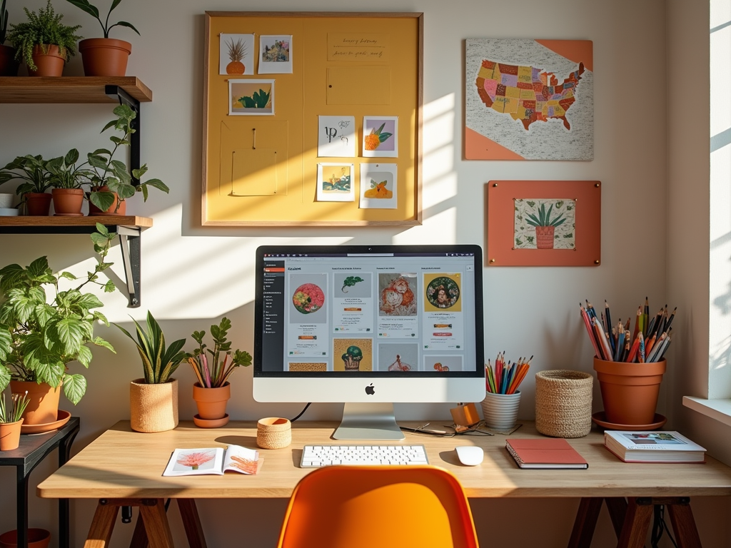 Cozy home office with computer displaying recipes, surrounded by plants and creative wall decor.