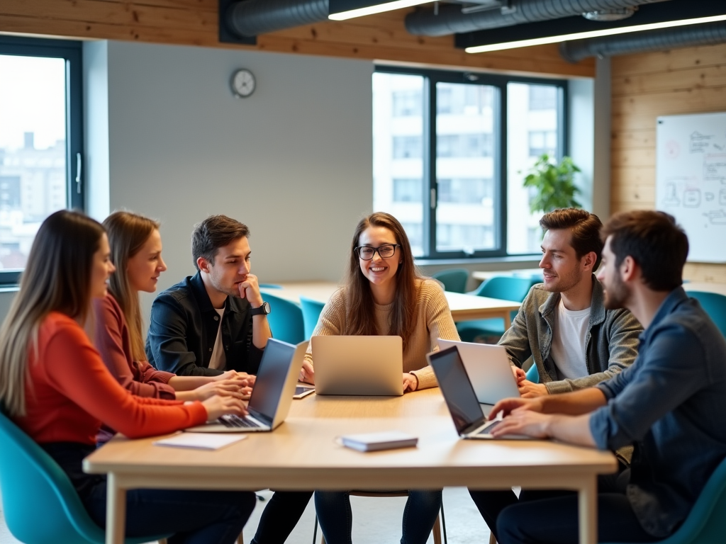 Group of six people discussing around a table with laptops in a modern office.