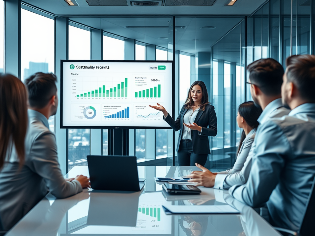 A businesswoman presents sustainability reports to colleagues in a modern conference room with graphs on a screen.