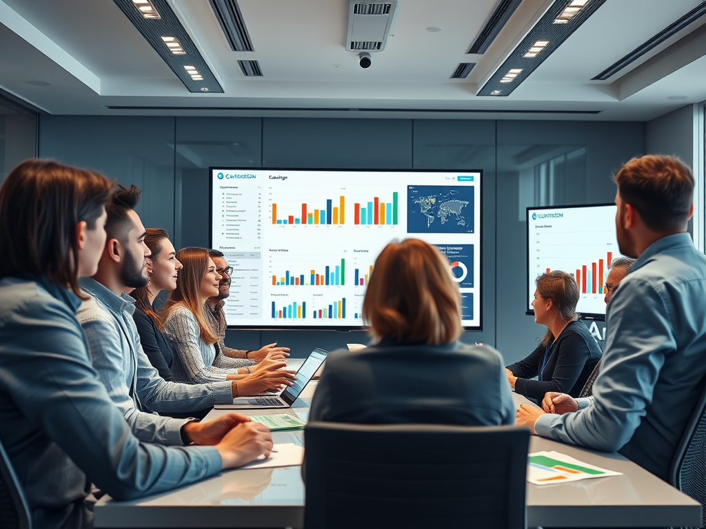 A group of professionals in a boardroom discussing data displayed on screens, focused and engaged in conversation.