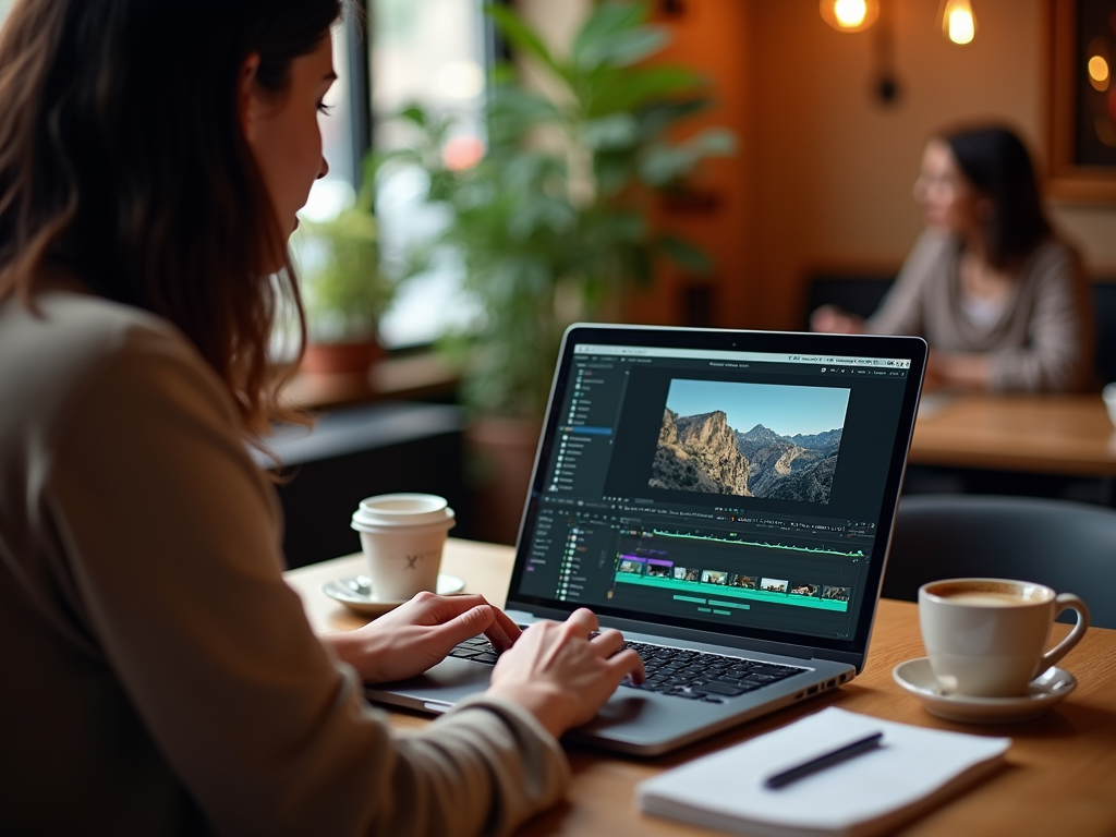 Woman edits video on laptop in a cozy café, with another person in background.