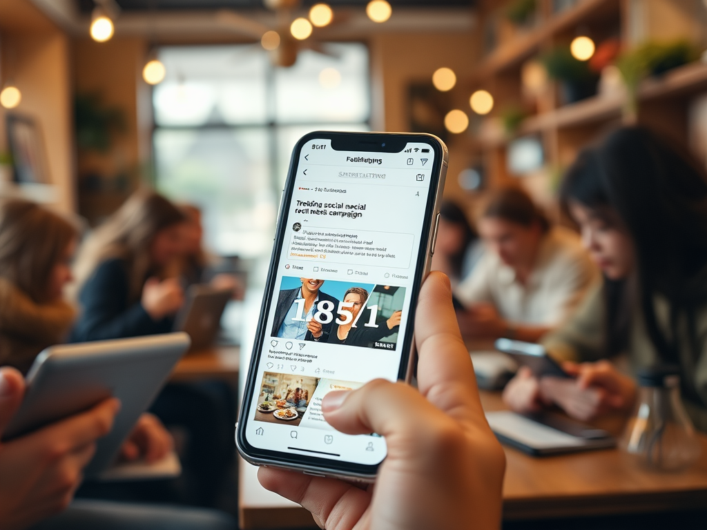 A person holds a smartphone displaying a social media post, with people working in a cafe background.