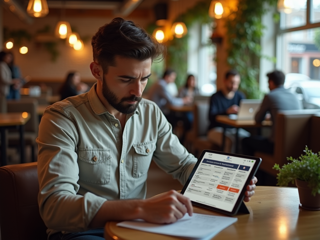 A man in a cafe focused on a tablet, taking notes, with patrons working in the background amidst warm lighting.