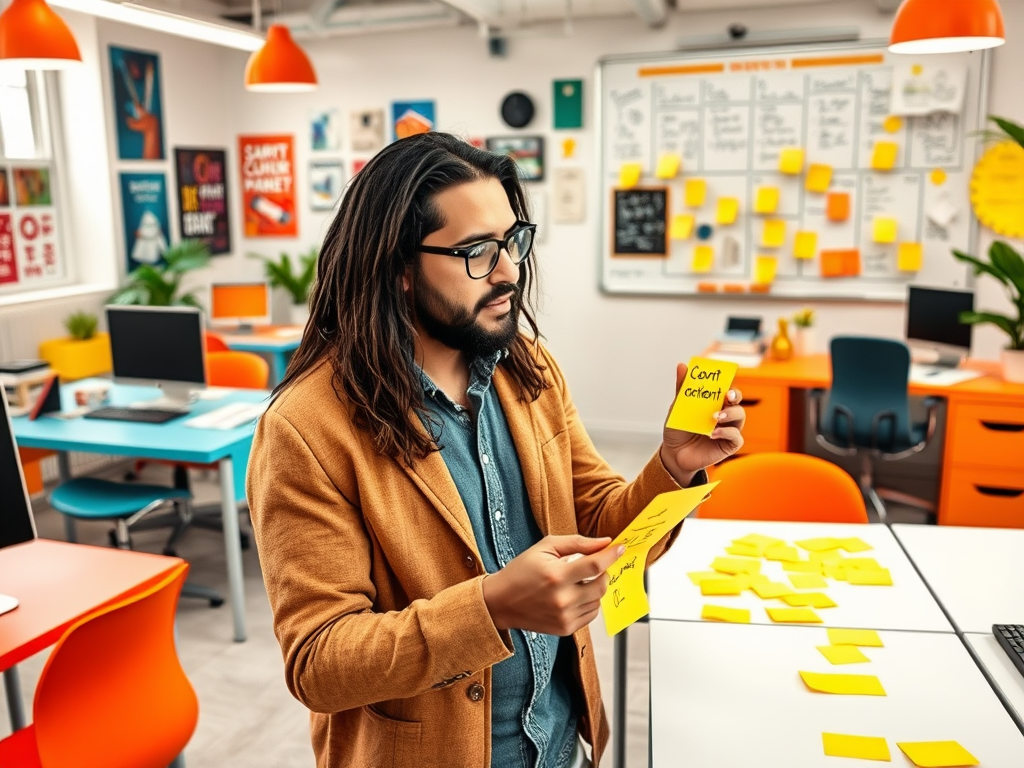 A man with long hair holds sticky notes in a colorful office, surrounded by computers and a whiteboard filled with notes.