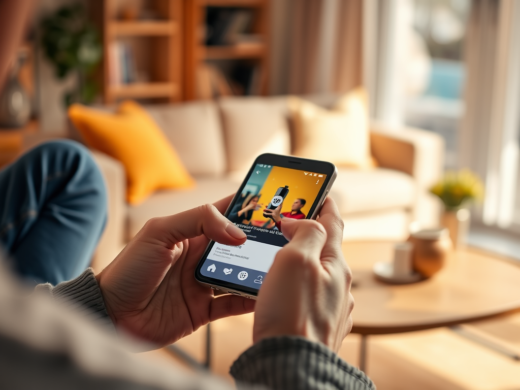 A person holds a smartphone, scrolling through content in a cozy, well-lit living room with a sofa and coffee table.