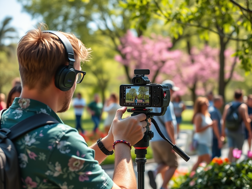 A person with headphones is filming a group in a park, surrounded by vibrant flowers and blooming trees.