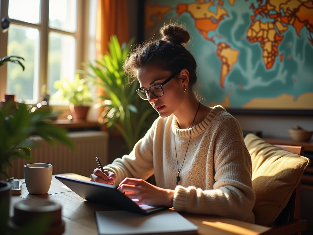 Young woman wearing glasses, focused on drawing on a digital tablet, with a world map in the background.