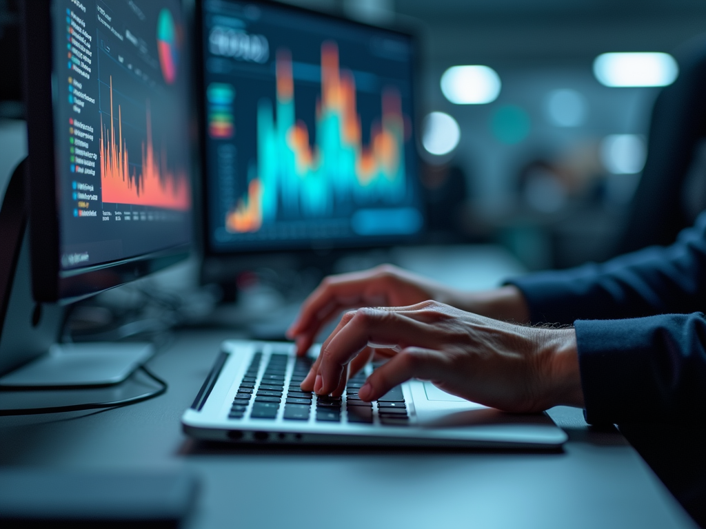 Person analyzing financial data graphs on dual computer monitors in a dark office setting.