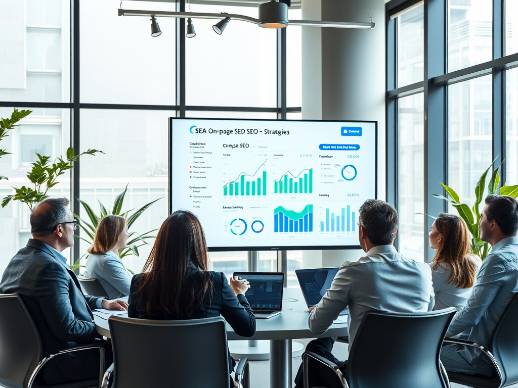 A team of professionals in a meeting room, analyzing SEO strategies displayed on a screen.