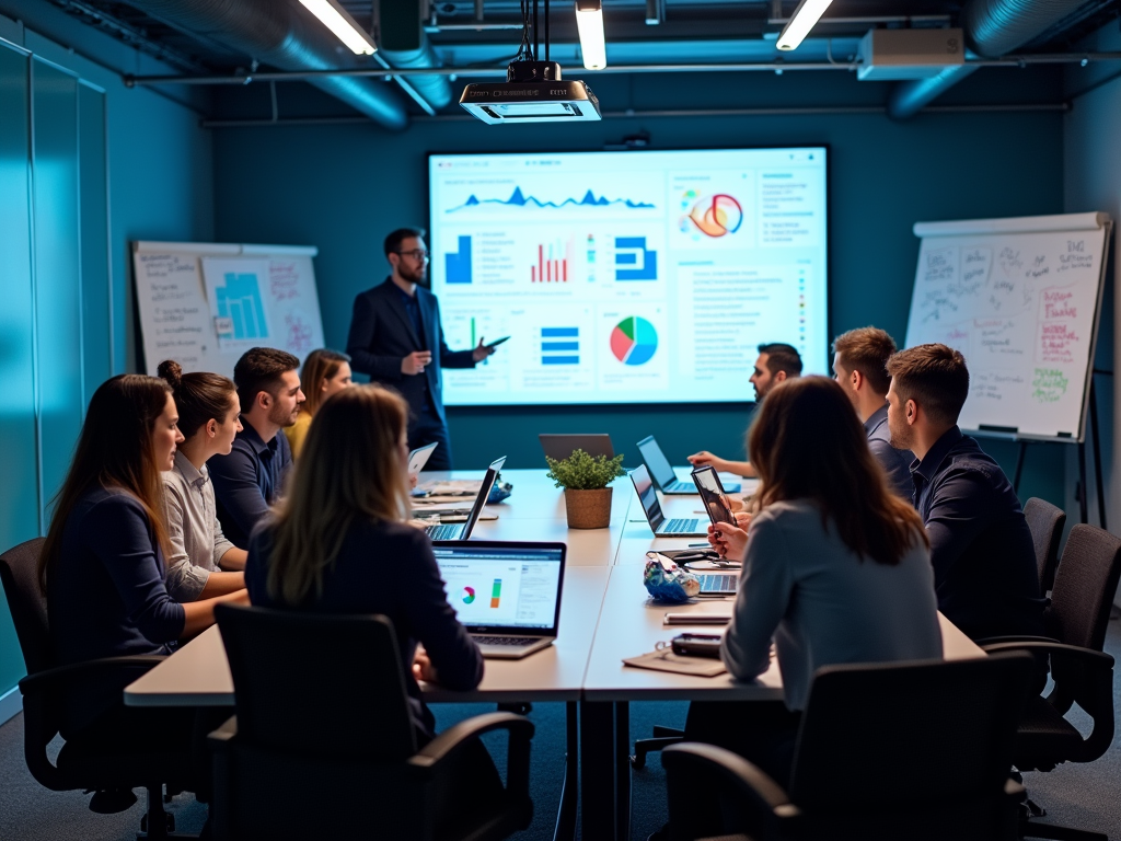 A diverse group in a conference room engaged in a presentation with charts displayed on a screen.