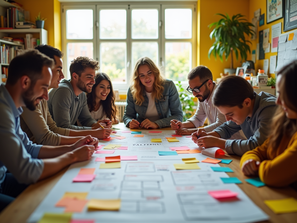 A diverse group of people collaborates around a table covered in sticky notes, discussing ideas and projects.