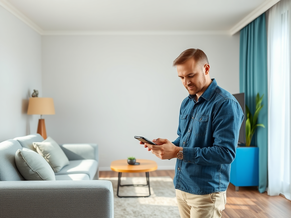 A man in a denim shirt stands in a modern living room, looking at his smartphone thoughtfully. Soft lighting surrounds him.