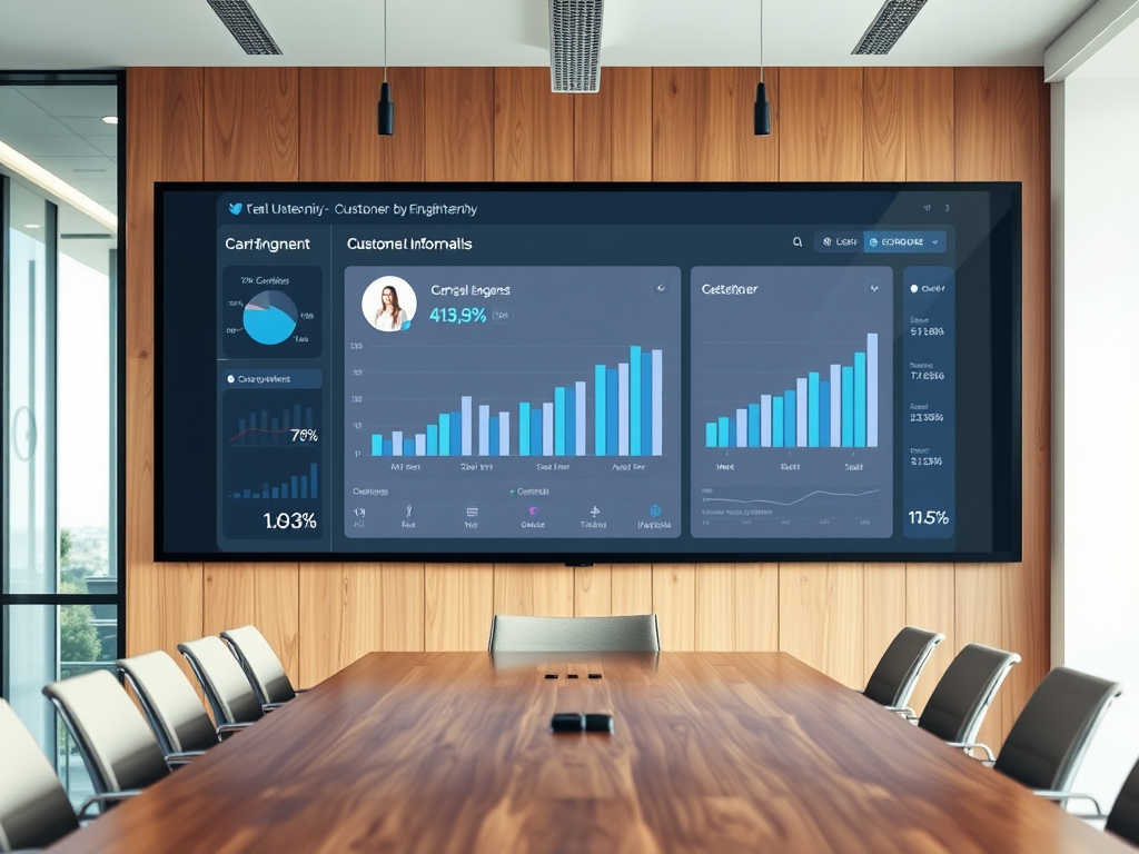 A modern conference room with a large screen displaying various analytics and graphs related to customer information.