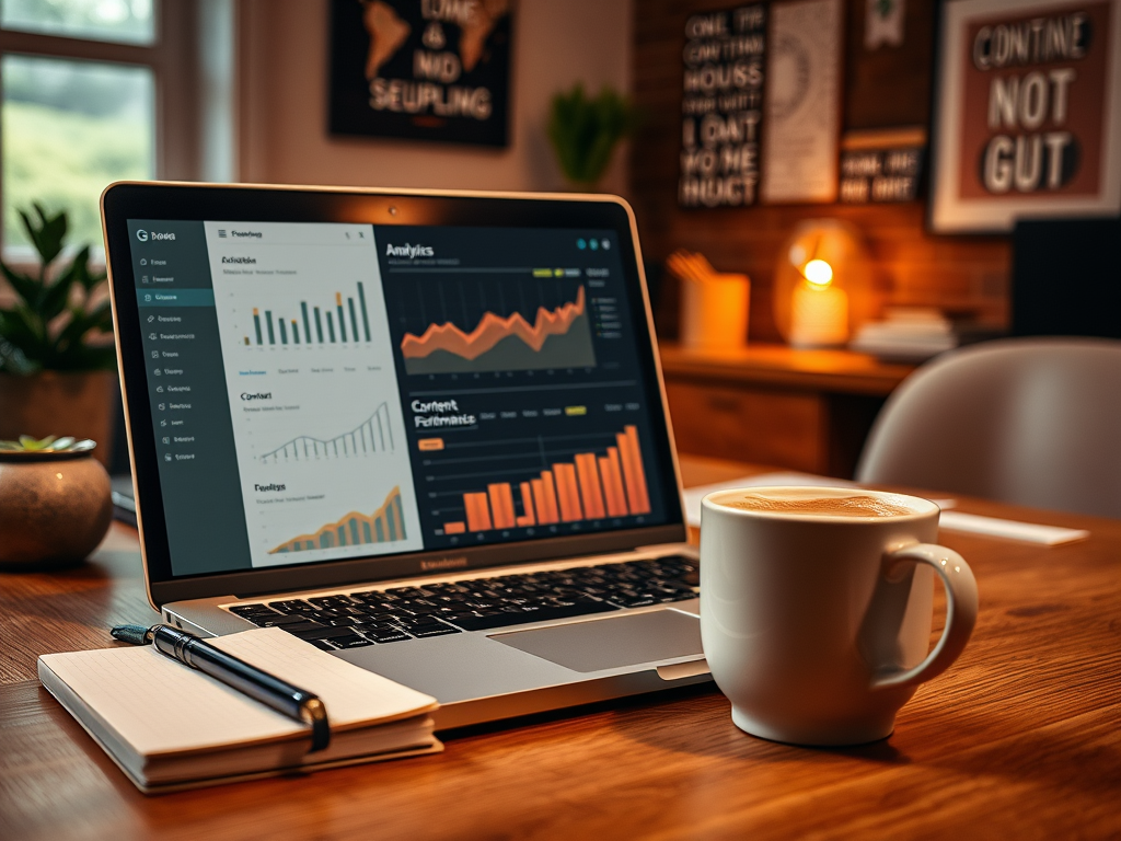 A laptop displaying data analytics sits on a wooden desk next to a notebook and a cup of coffee in a cozy setting.