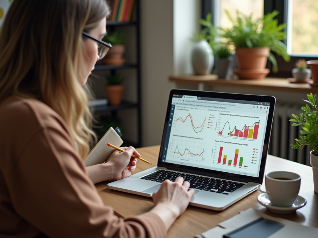 A person analyzes data on a laptop, taking notes with a pencil and surrounded by plants and a coffee cup.