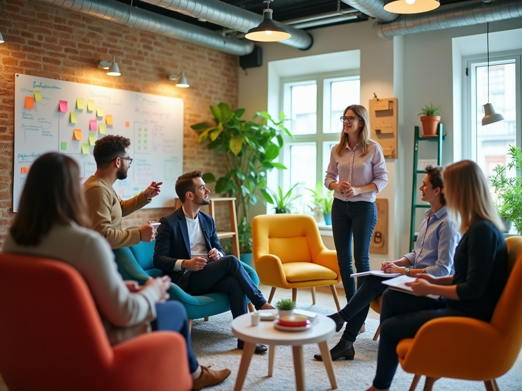 Woman presenting to colleagues in a vibrant office with brick walls and a whiteboard.