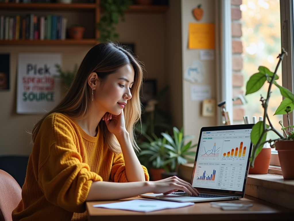 Woman in yellow sweater analyzing graphs on laptop in a cozy home office.