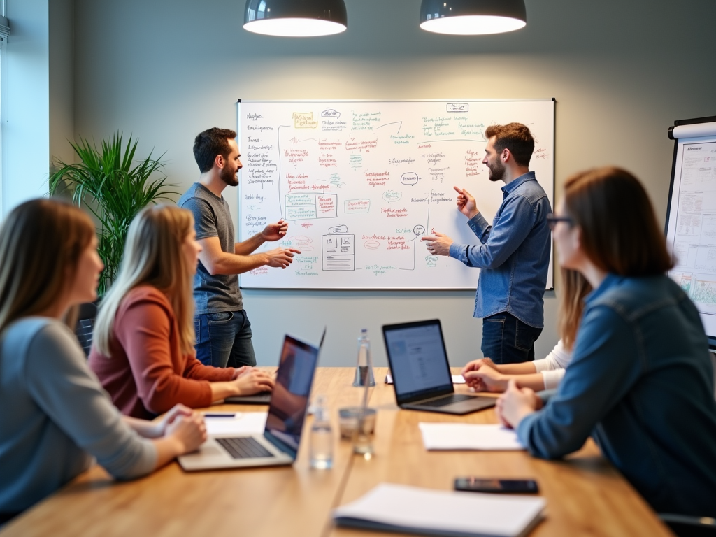 Two men discussing a flowchart on a whiteboard in a meeting room with attentive colleagues.