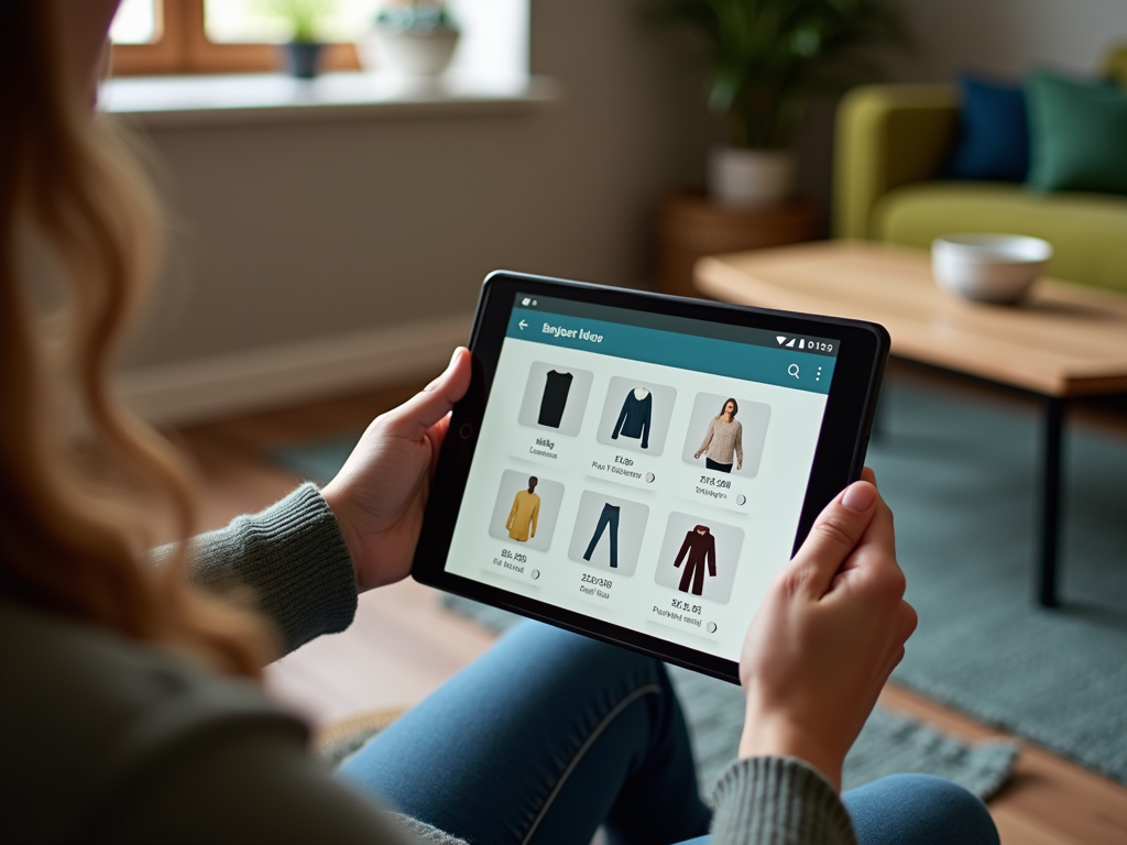 Woman sitting comfortably, browsing an online clothing store on a tablet in a cozy living room.