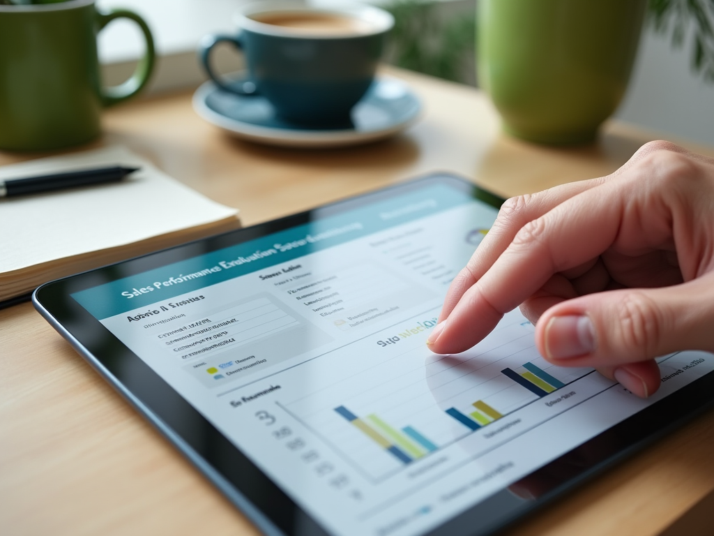 Person analyzing sales performance data on a tablet, with a coffee mug and notebook beside on a desk.