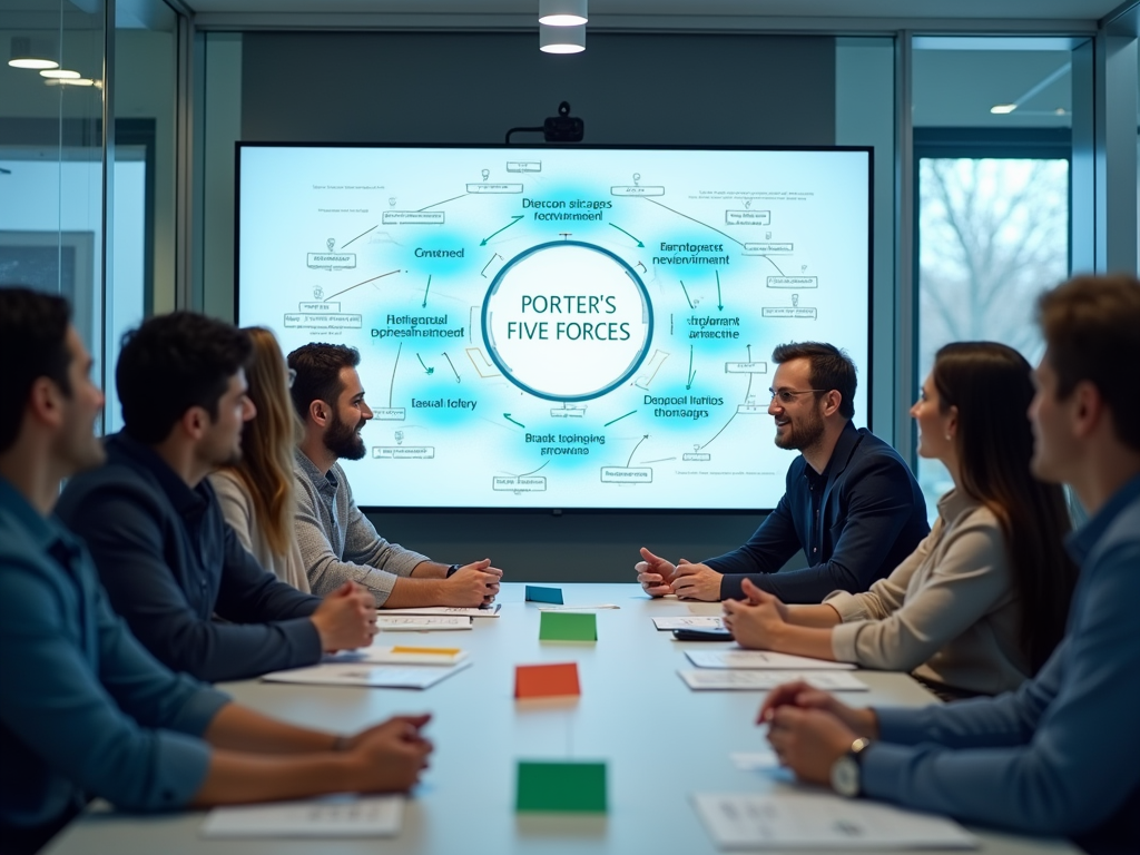 A business meeting discussing Porter's Five Forces, with a presentation displayed on a screen.