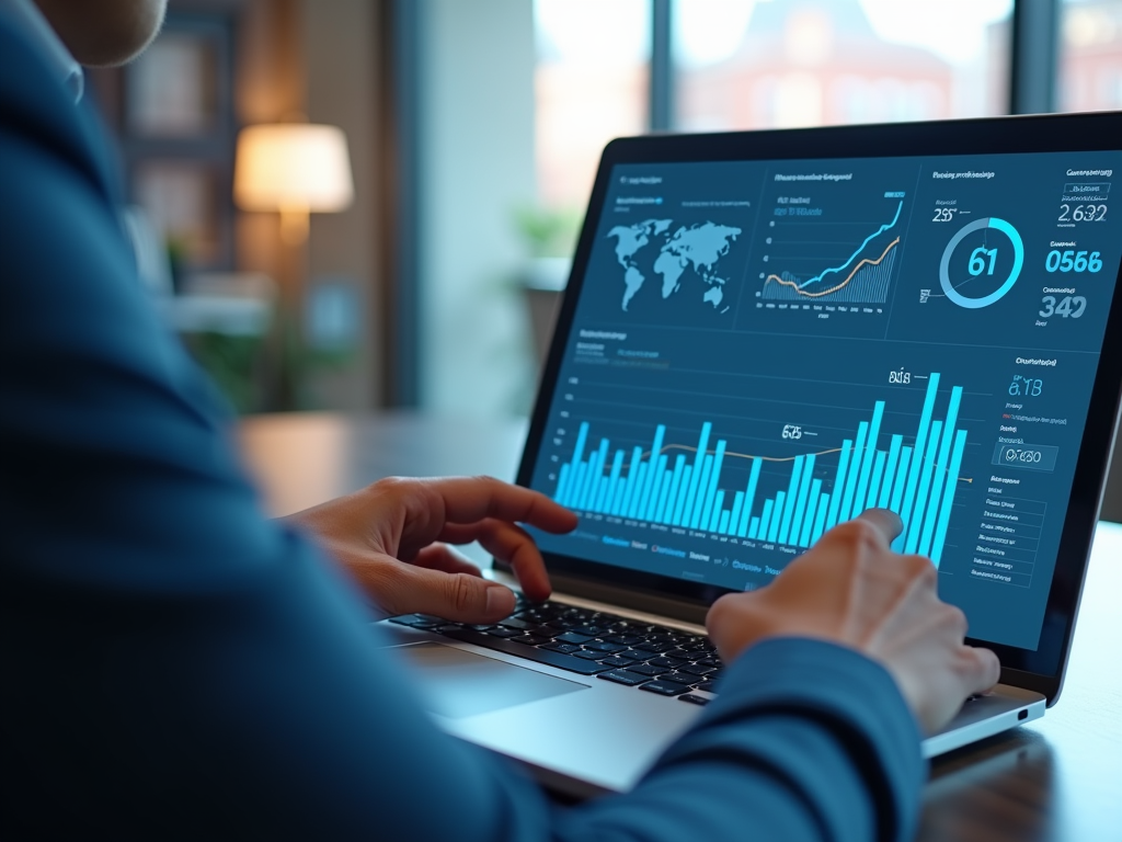 Person analyzing detailed business analytics charts on a laptop screen.