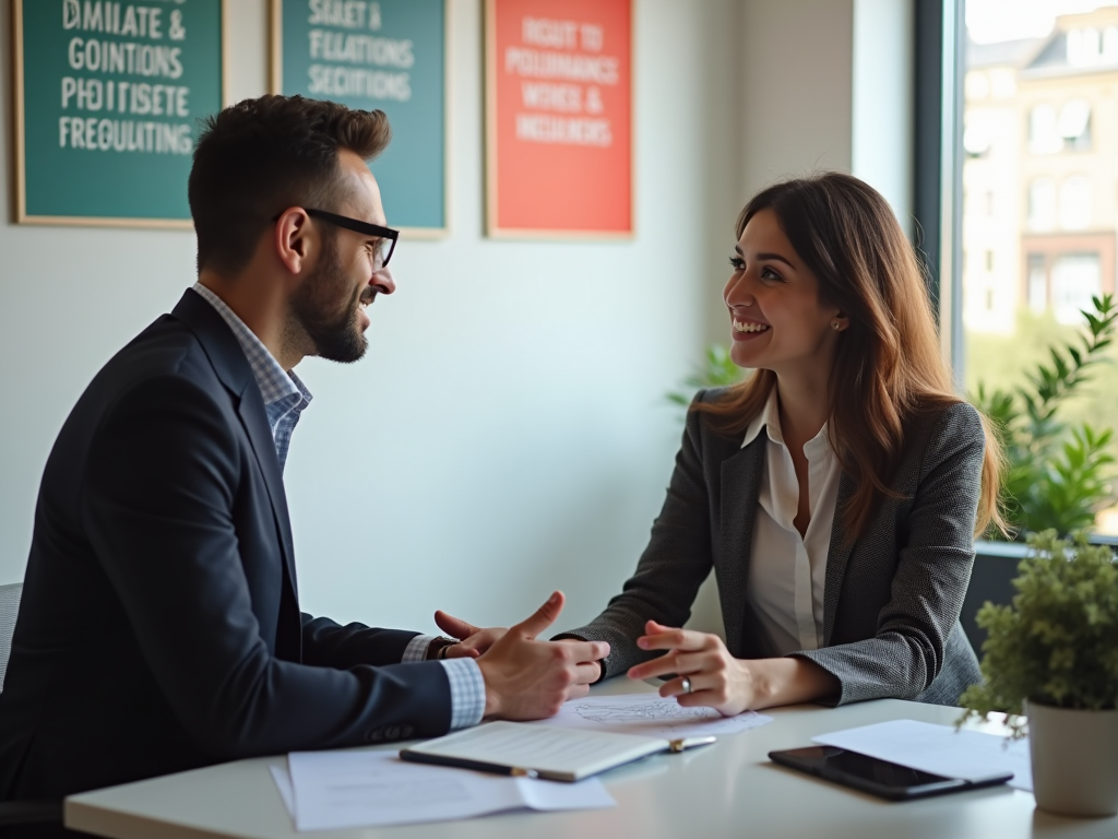 Two professionals, a man and a woman, smiling and conversing at a desk in a bright office.