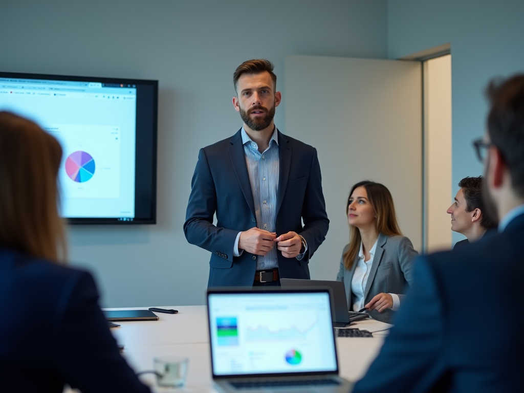 Man leading a business meeting with team members and data charts displayed on screen.